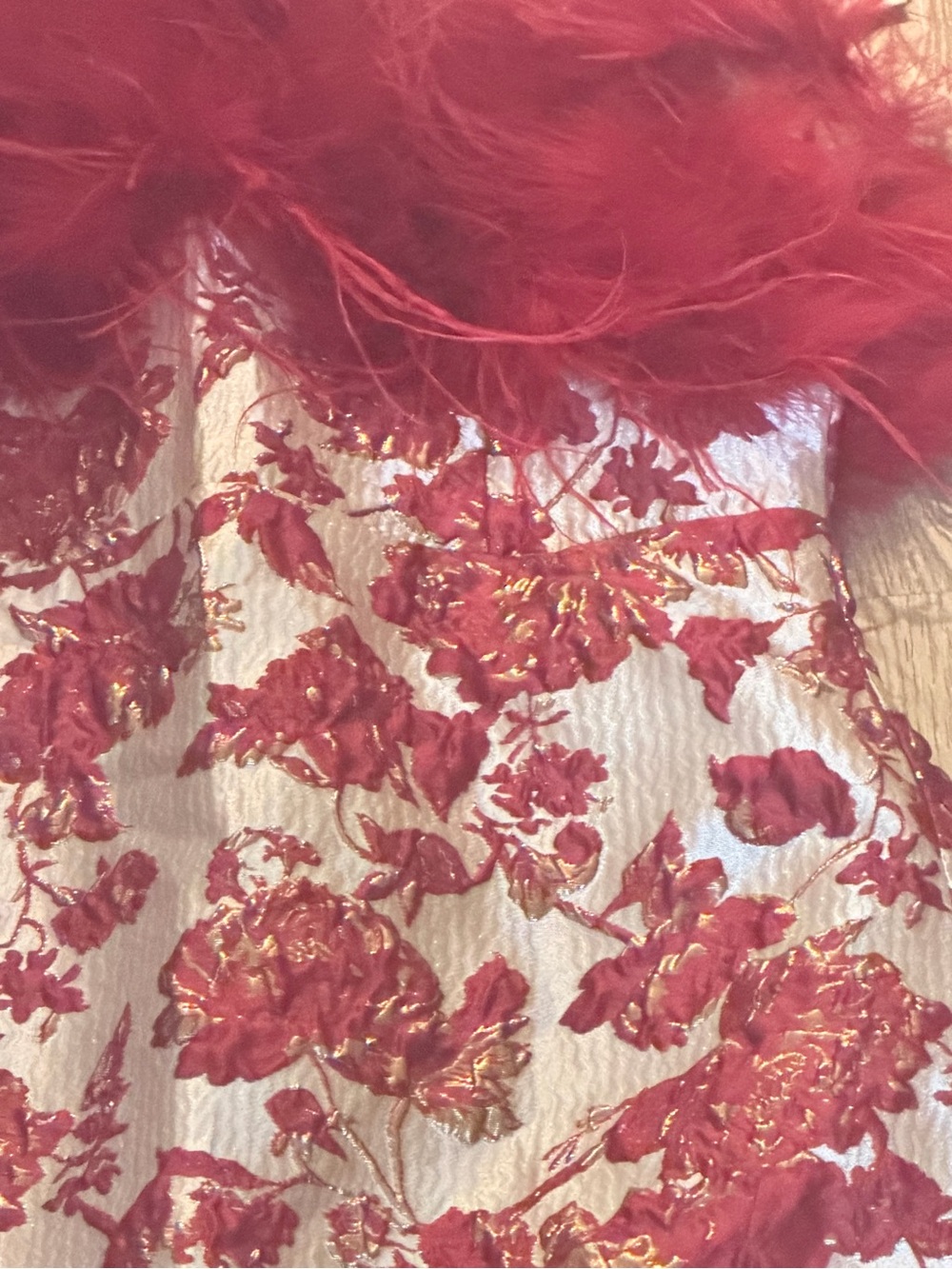 Red Floral Strapless Party Dress with Feather Trim NWT - Picture 5 of 10